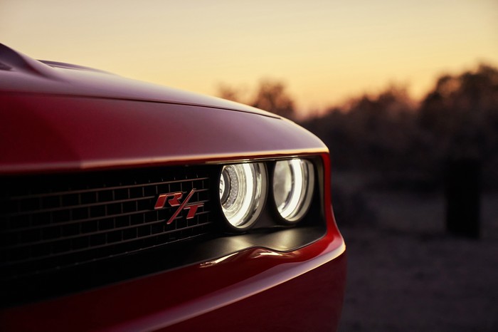 Red Dodge Challenger R/T close-up at sunset