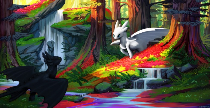 Night Fury and Light Fury in a colorful forest