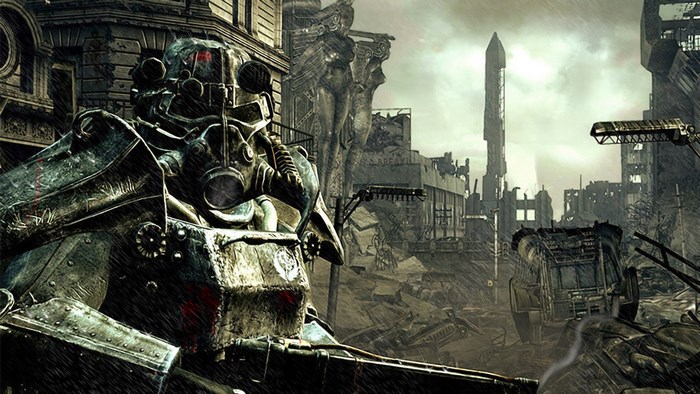Power Armor soldier in destroyed city from Fallout 3