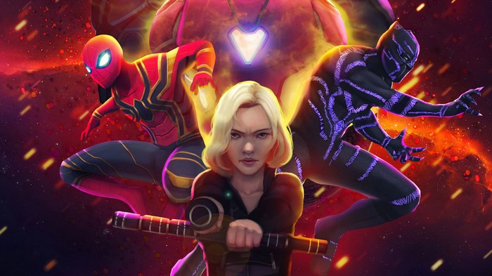 Black Widow, Spider-Man, and Black Panther with Iron Man