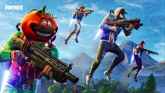 Fortnite characters jumping with weapons