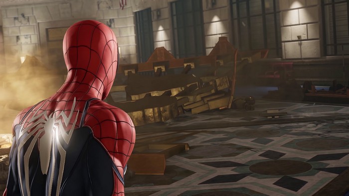 Spider-Man in a destroyed building