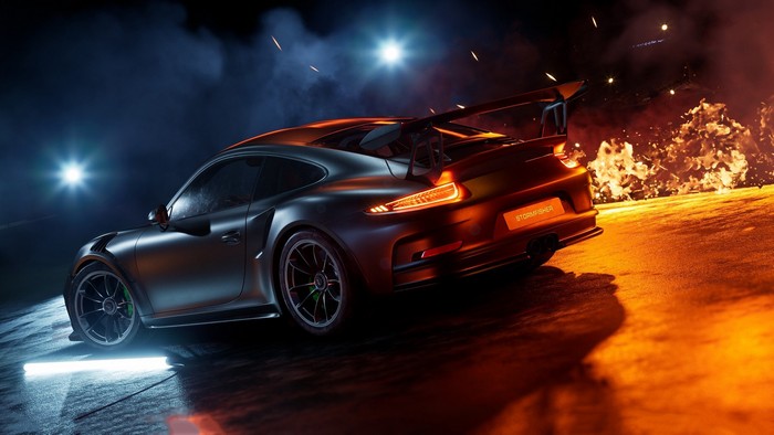 Porsche 911 Stormshifter car on fire
