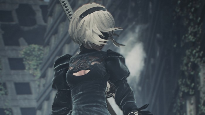 2B from NieR:Automata in a ruined city