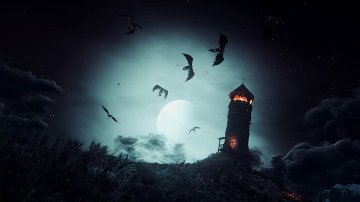 The Witcher 3 Dragons and Lighthouse at Night