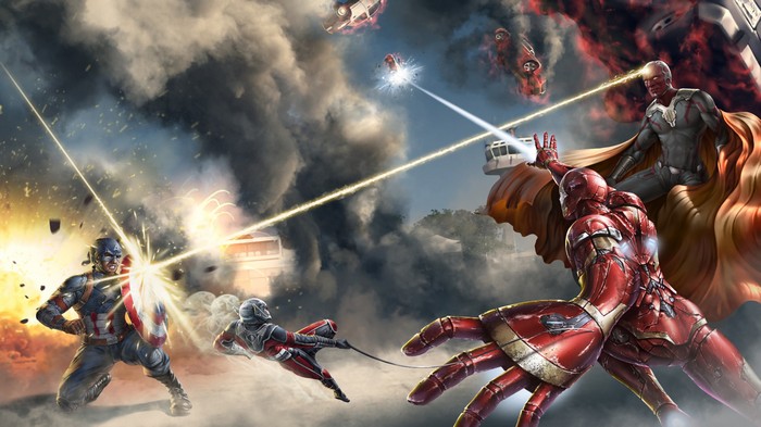 Captain America, Iron Man, Vision, and Ant-Man in battle
