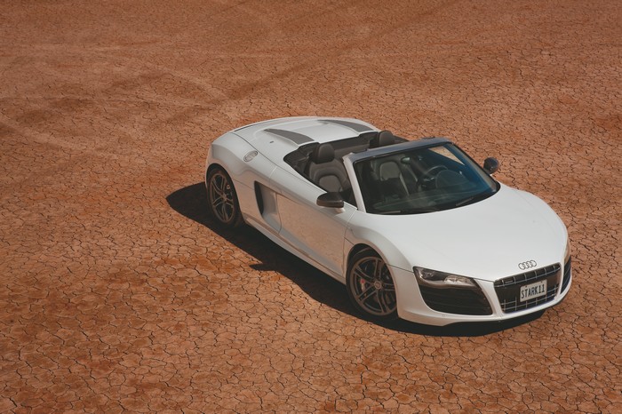 White Audi R8 Convertible on Cracked Earth
