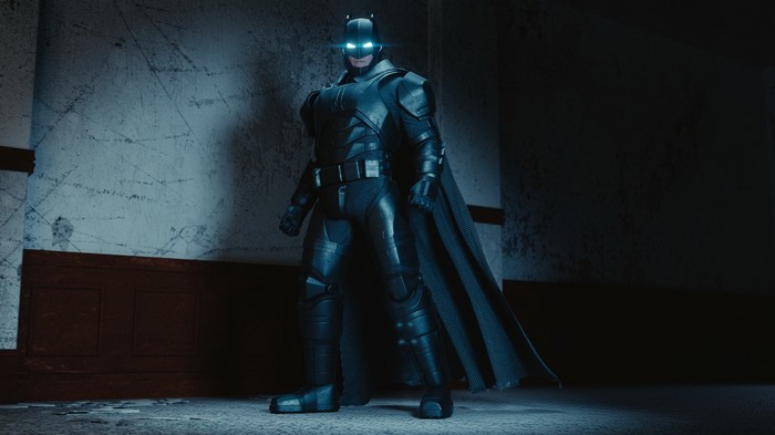 Batman in Armored Suit Standing in Dark Room