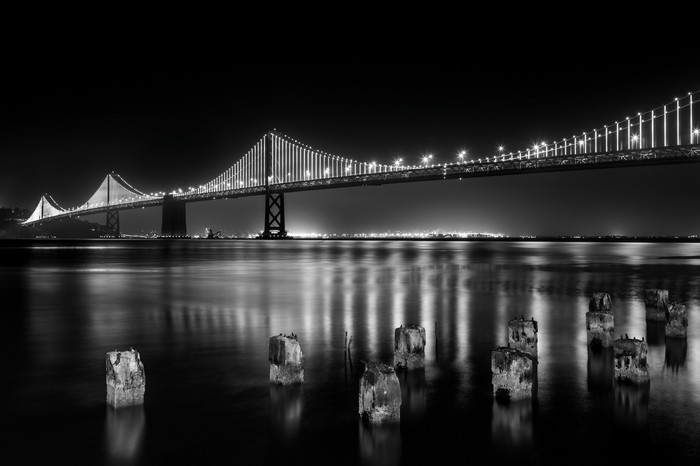 San Francisco Bay Bridge at night, monochrome
