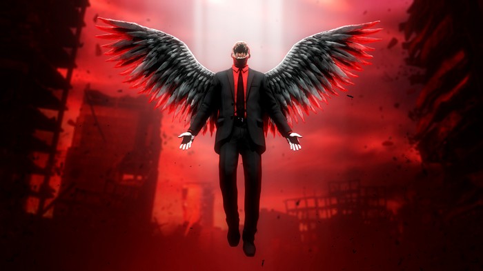 Angel in a suit with black and red wings in a ruined city