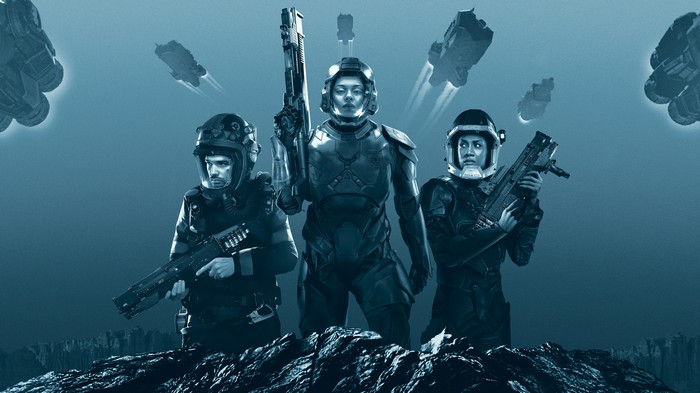 The Expanse: Three soldiers with weapons on a rocky planet