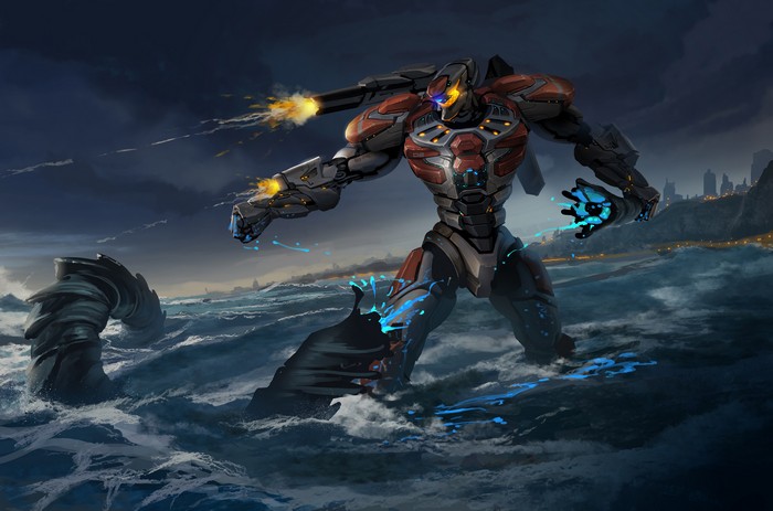 Robot firing weapons in the ocean