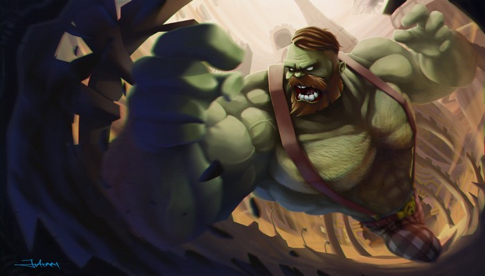 Hulk smashing through debris
