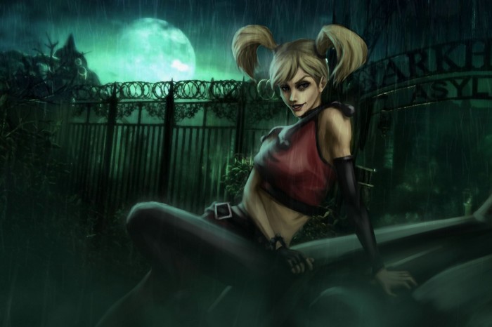 Harley Quinn artwork in front of Arkham Asylum