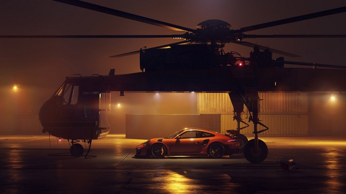 Porsche 911 GT2 RS under a helicopter