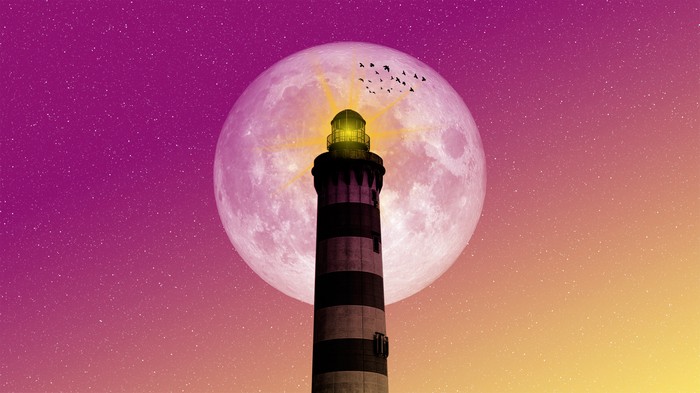 Digital Art 4K Lighthouse Moon Birds