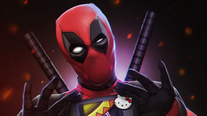 Deadpool holding a tablet with Hello Kitty charm