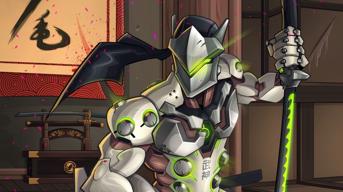 Genji from Overwatch with glowing green katana