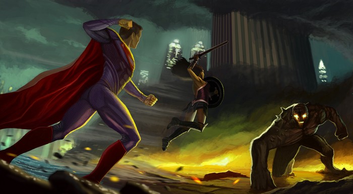 Superman and Wonder Woman fight a monster