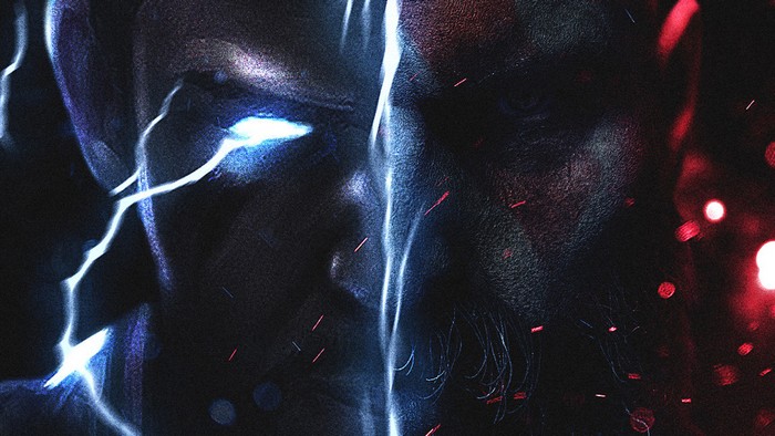 Thor with glowing blue eyes and red sparks