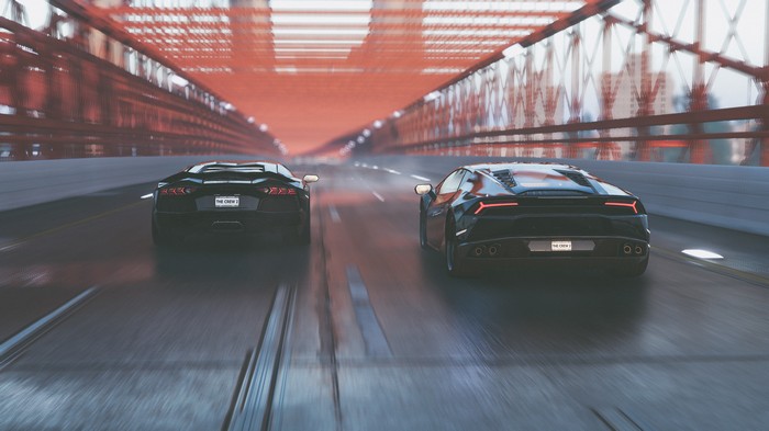 The Crew 2: Lamborghini Aventador and Huracan on a Bridge