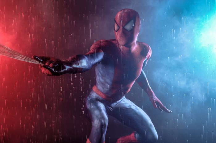 Spiderman Cosplay in Rain with Red and Blue Lights
