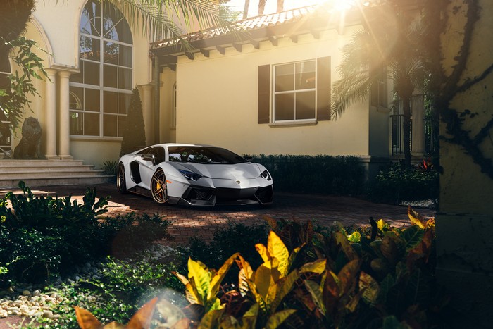 White Lamborghini Aventador parked in front of a house