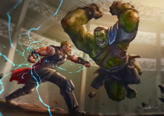 Thor and Hulk fighting in an arena