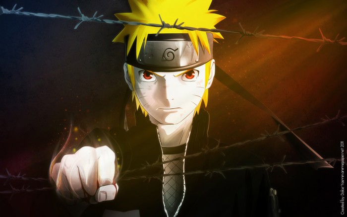 Naruto Uzumaki with red eyes and barbed wire