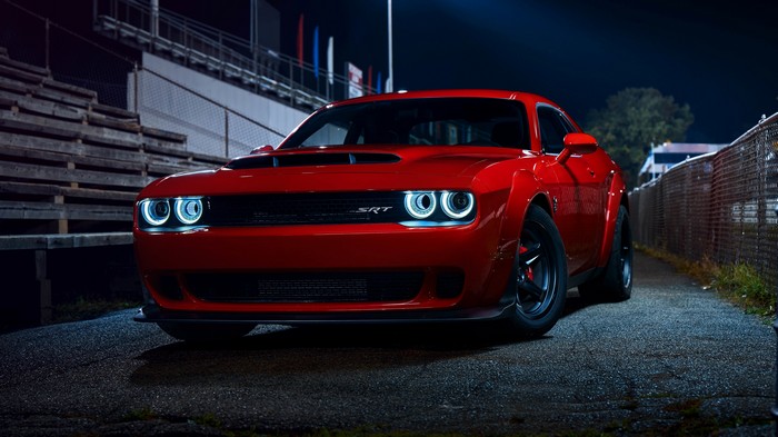 Red Dodge Challenger SRT Hellcat at Night