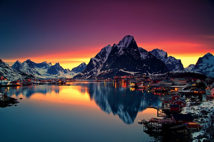 Mountains and village at sunset in Norway 4K