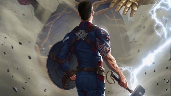 Captain America wielding Mjolnir against Thanos