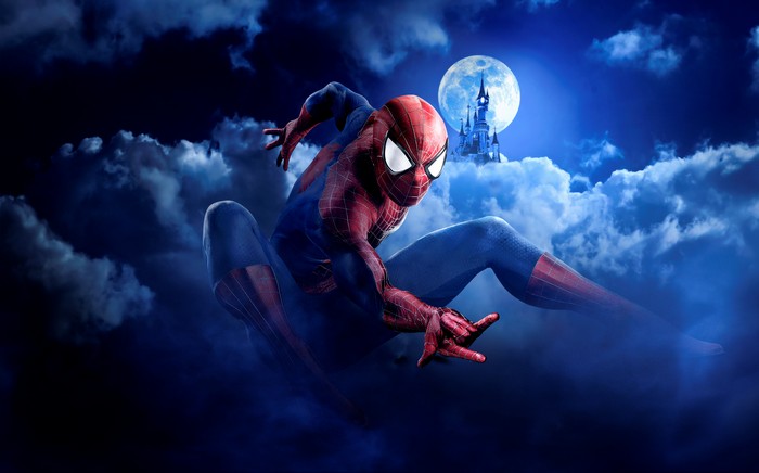 Spider-Man in front of a castle under the moon