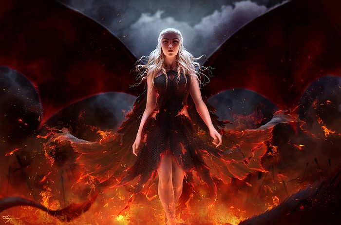 Daenerys Targaryen surrounded by fire and dragon wings