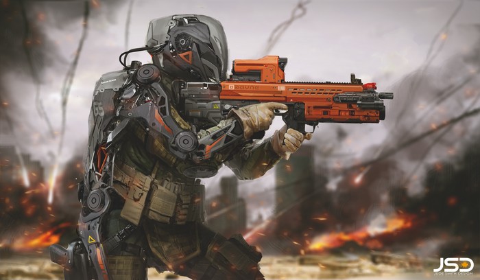 Soldier with advanced weaponry in a war-torn environment