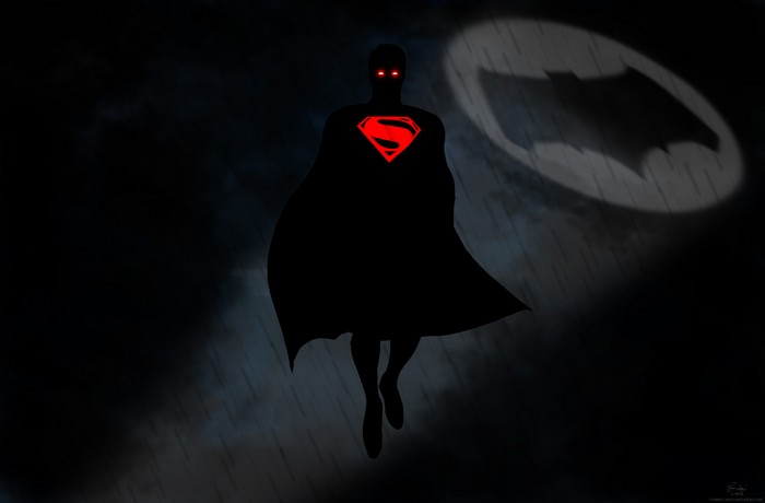 Superman in Black with Red S Symbol and Batman Signal