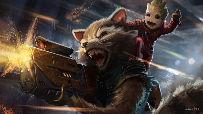 Rocket Raccoon and Baby Groot firing a weapon