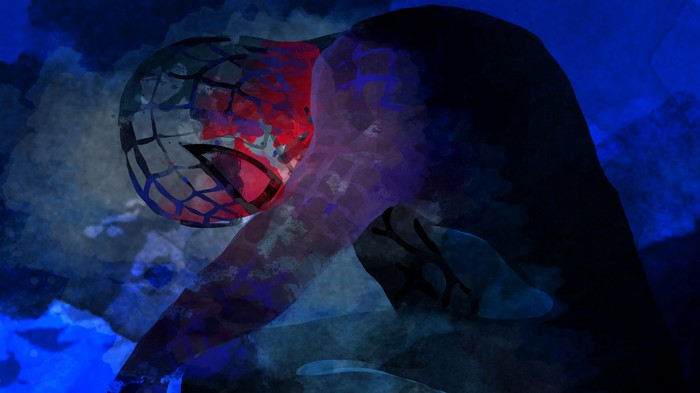 Spiderman artwork with red and blue abstract background