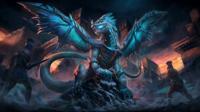 Dragon and warriors in ancient ruins