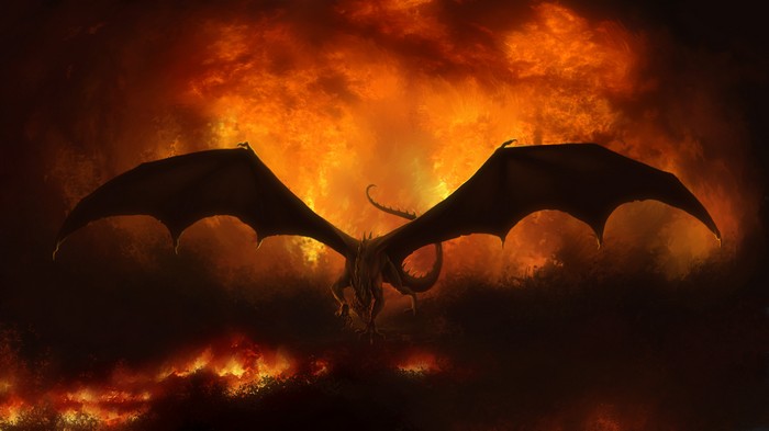 Dragon flying through flames