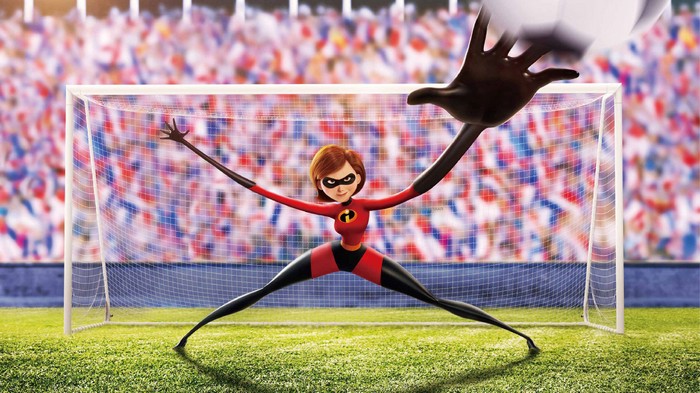 Elastigirl playing soccer in The Incredibles 2