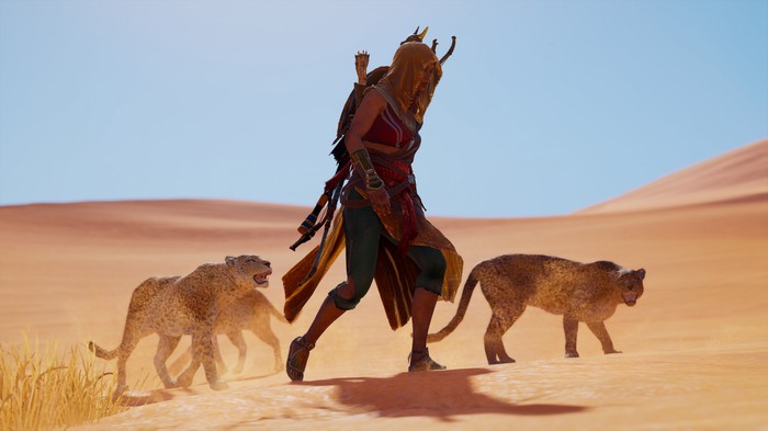 Bayek and cheetahs in Assassin's Creed Origins desert