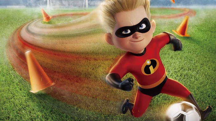 Dash from The Incredibles playing soccer on a field