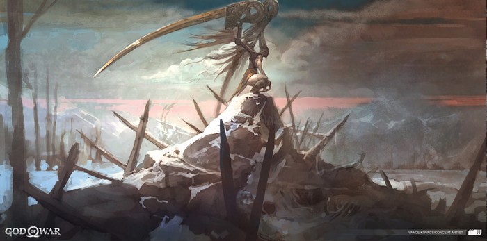 God of War 4 concept art of a figure with a scythe