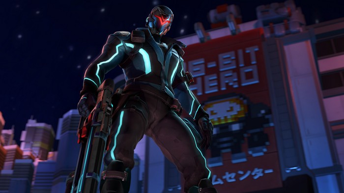 Genji from Overwatch with neon lights