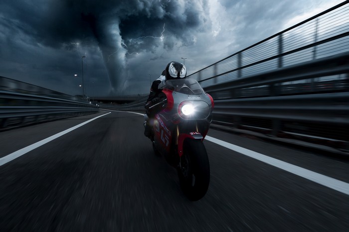 Suzuki motorcycle racing in a tornado