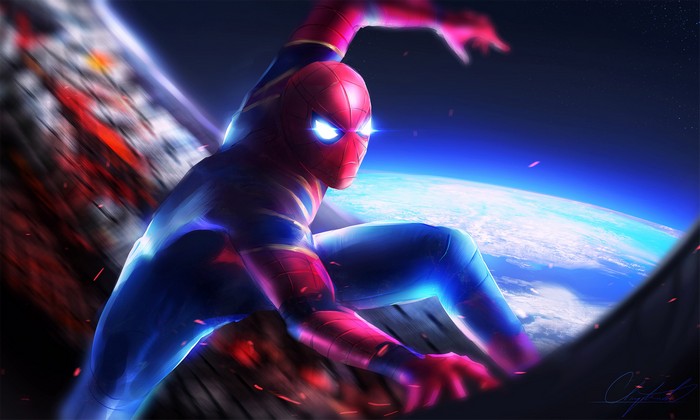 Spiderman in space with Earth in the background