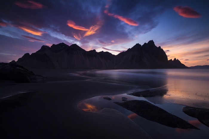 Icelandic mountains at sunset with dramatic clouds