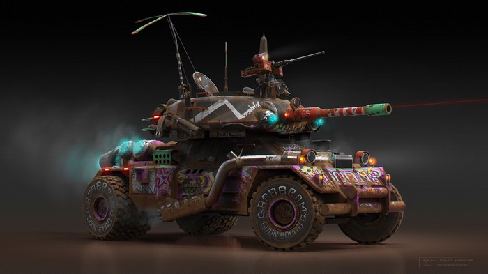 Rage 2 concept art of a heavily customized armored vehicle