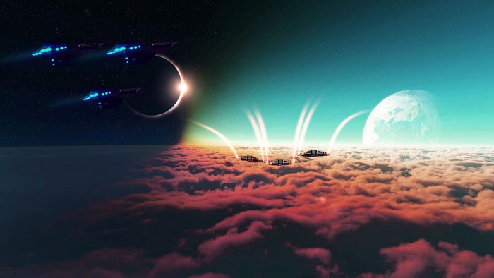 Spaceships flying through space during an eclipse